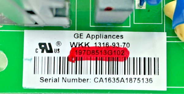 Part number sticker — match 197D8513G102 OEM GE Refrigerator Main Control Board Replacement