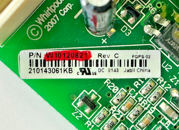 Part number sticker — match W10120821 OEM Whirlpool Refrigerator Main Control Board Replacement