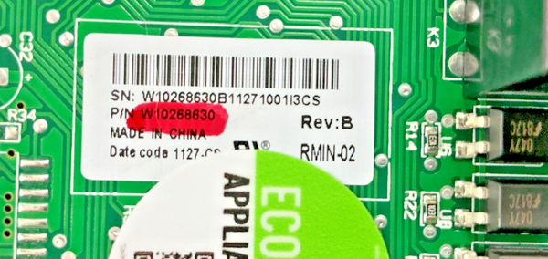Part number sticker — match W10268630 OEM Whirlpool Refrigerator Main Control Board Replacement