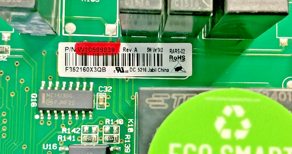 Part number sticker — match W10589838 OEM Whirlpool Refrigerator Main Control Board Replacement