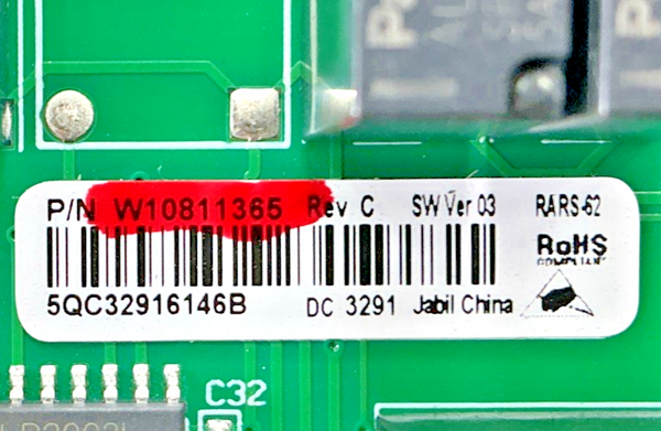Part number sticker — match W10811365 OEM Whirlpool Refrigerator Main Control Board Replacement
