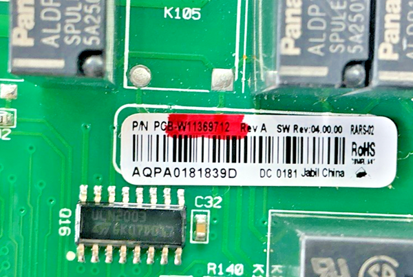 Part number sticker — match W11369712 OEM Whirlpool Refrigerator Main Control Board Replacement